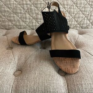 Van Eli Black Suede Cork-Trim Open Sandals with Perforated Ankle Cuff